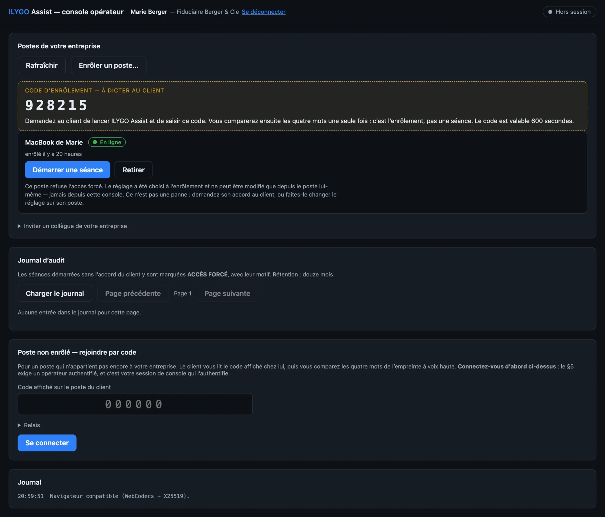 La console avec un rattachement ouvert : le code de rattachement à six chiffres en grand, sa durée de validité, et la consigne à donner au client.