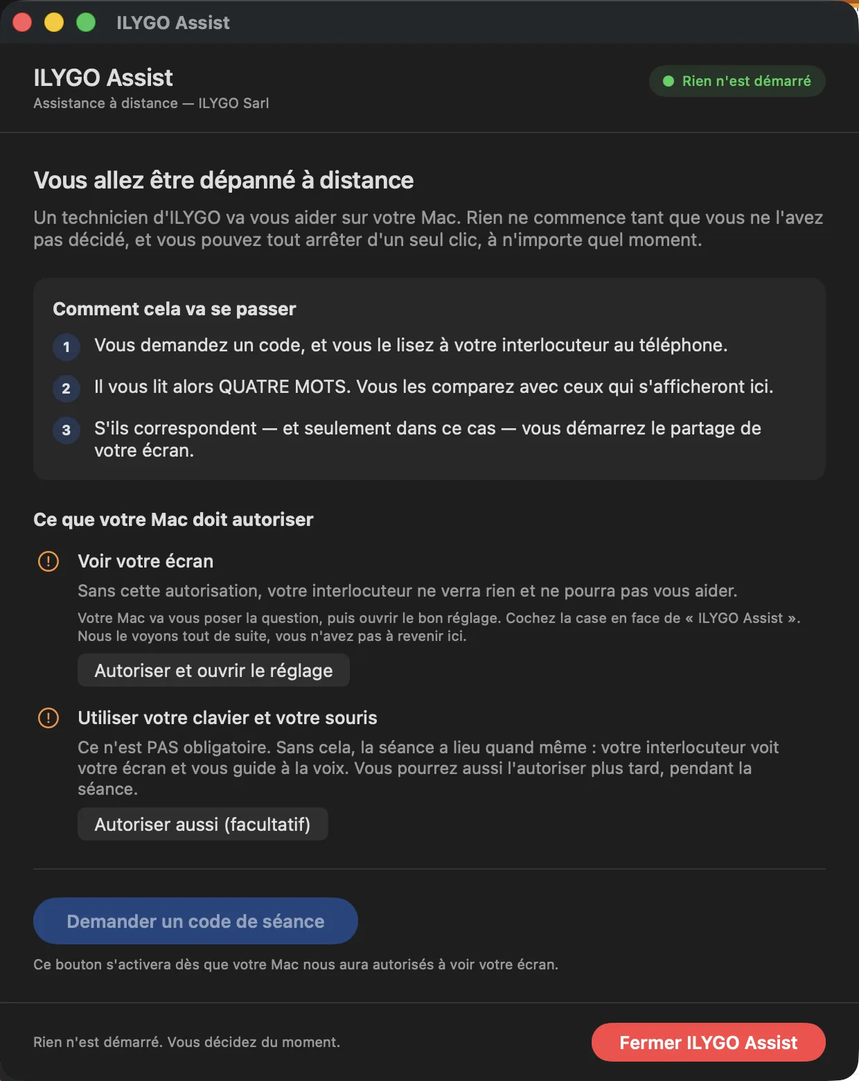 La fenêtre ILYGO Assist au premier lancement : « Vous allez être dépanné à distance », le déroulé en trois étapes, et les deux autorisations que le Mac va demander, avec leurs boutons.